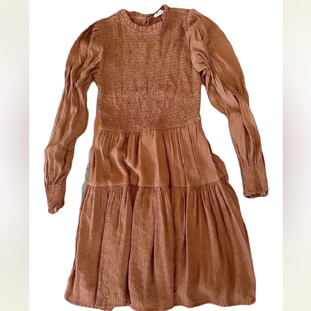 Blu Pepper Burnt Orange Long Sleeve Mini Dress High Neck Flare